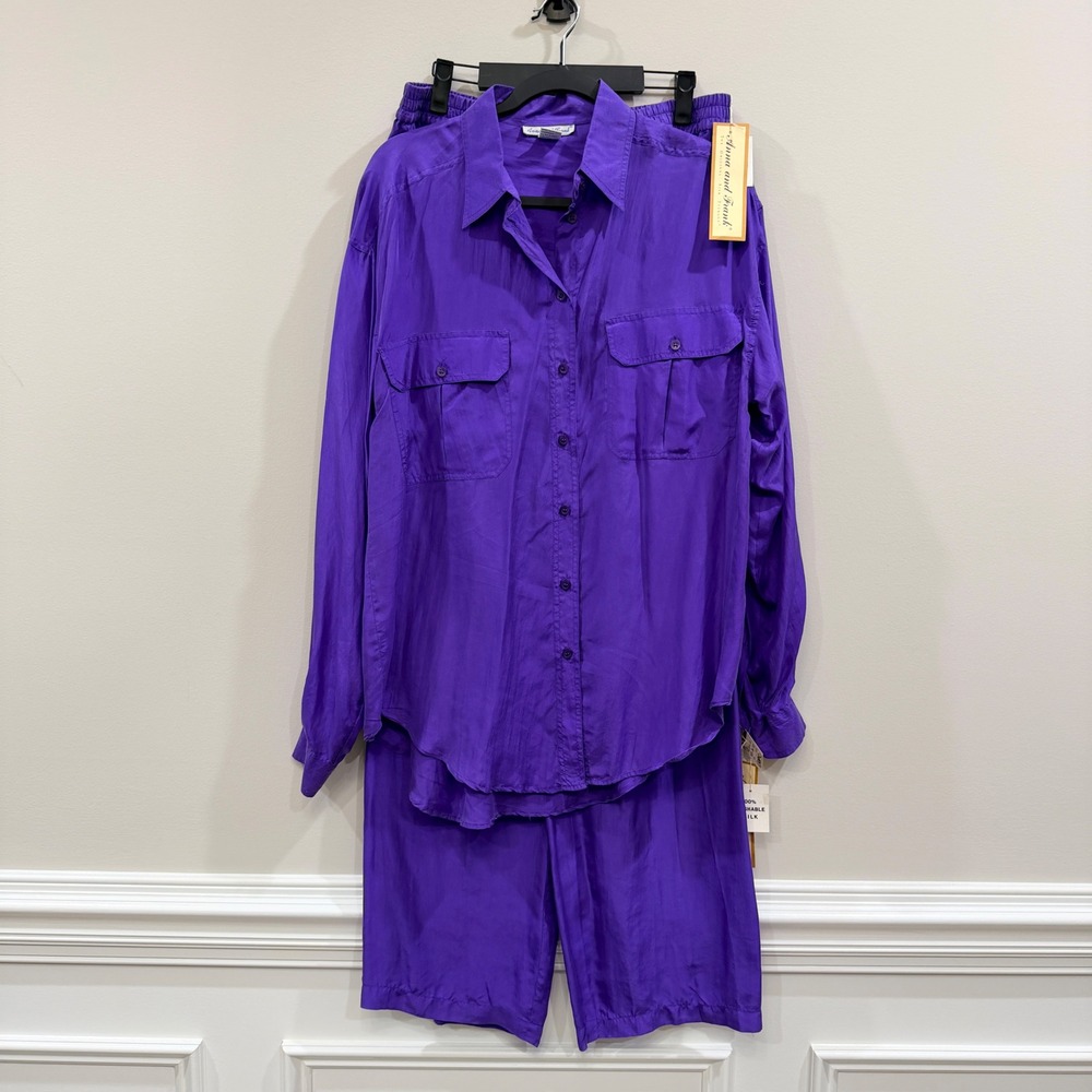 NEW VTG Anna and Frank Women Large Washable 100% Silk Shirt & Pant 2PC Set